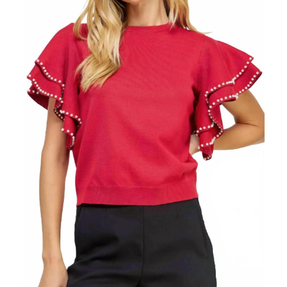 NEW STRUT & BOLT double layer pearl trim knit sweater top in red